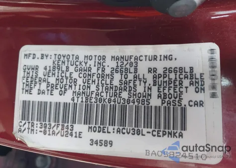 2004 Toyota Camry Le z USA, uszkodzony, nr VIN 4T1BE30K04U304985